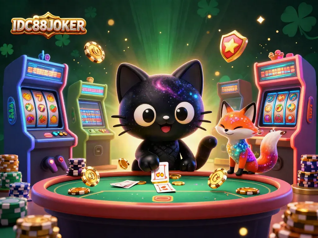 Experience magical wins with IDC88JOKER's cosmic-themed casino game featuring engaging characters and glowing elements.