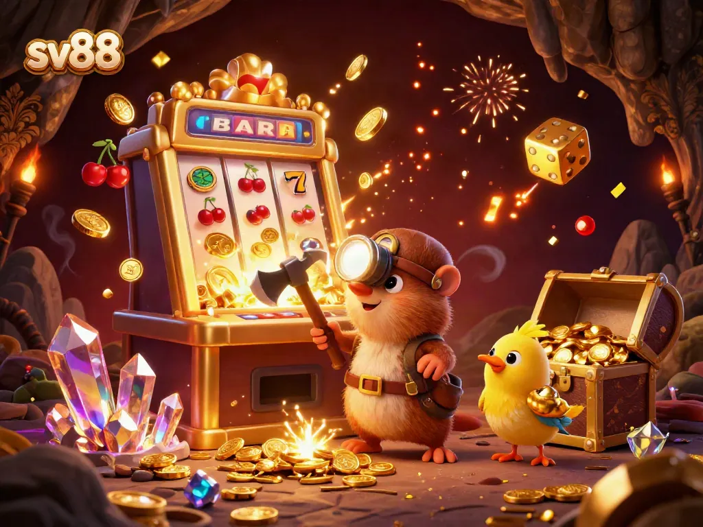 Experience endless slots excitement with sv88, featuring a treasure hunter mole in a vibrant casino scene.