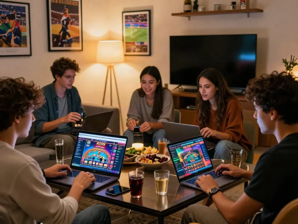 Friends enjoying a virtual gaming night on KU88 with laptops and snacks.