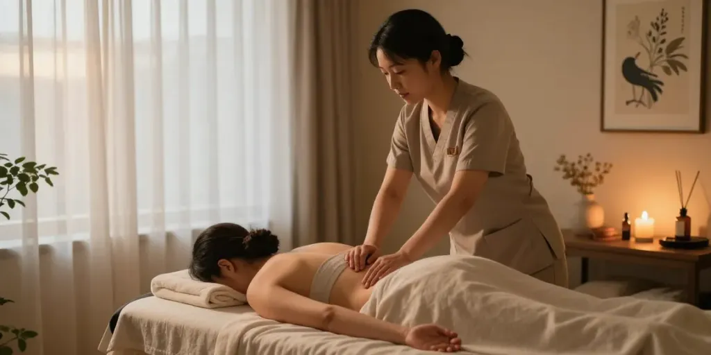 Providing 구로출장안마 service in a tranquil home setting, with a therapist and client creating a soothing atmosphere.