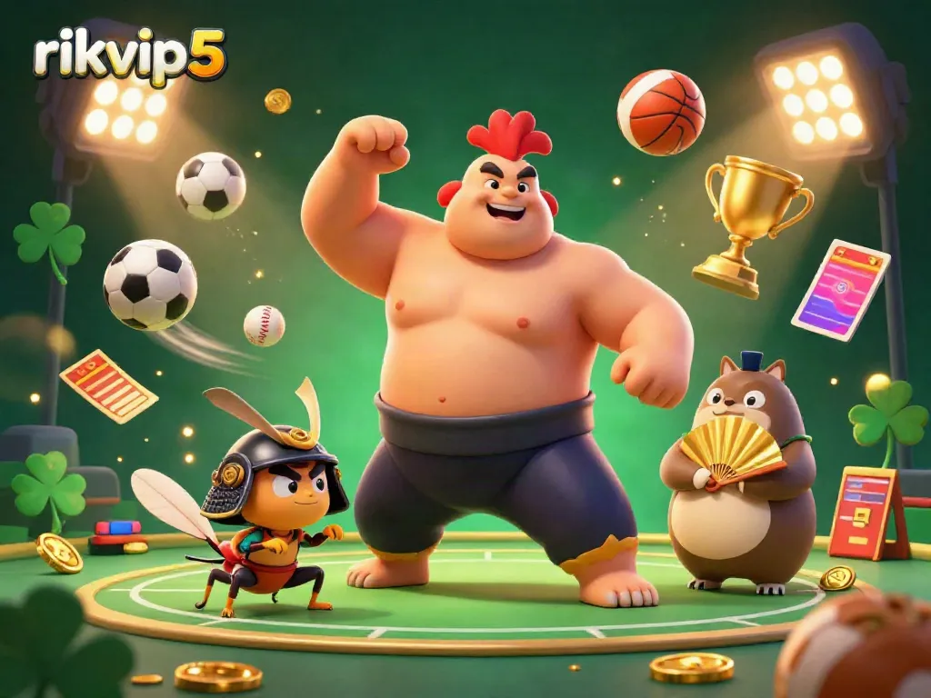 Engage with the exciting world of rikvip5 through a dynamic 3D illustration featuring a powerful sumo wrestler rooster and fierce samurai cricket.