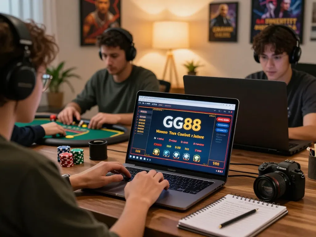 Player engaging with online gaming interface at GG88, showcasing a strategic and cozy home gambling setup.