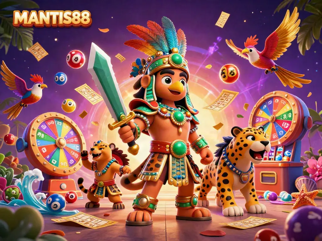 Experience the excitement of MANTIS88 with dynamic lottery balls, Aztec warriors, and vibrant bingo elements.