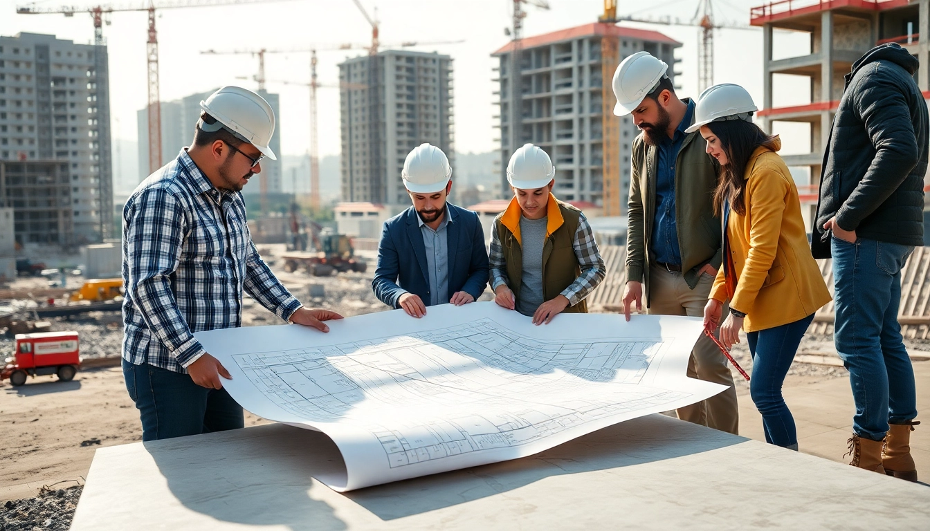 Team of professionals in a construction member organization discussing a blueprint on-site.