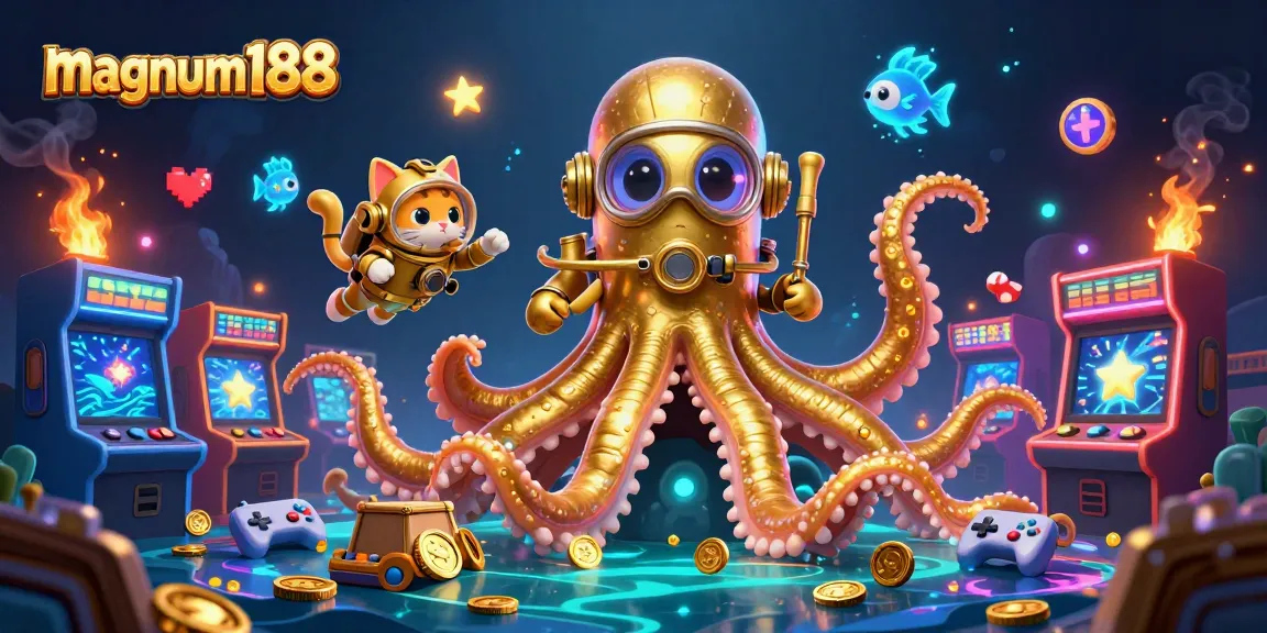 Experience the thrill of magnum188 as the kraken guards treasures in this vibrant casino-themed illustration.