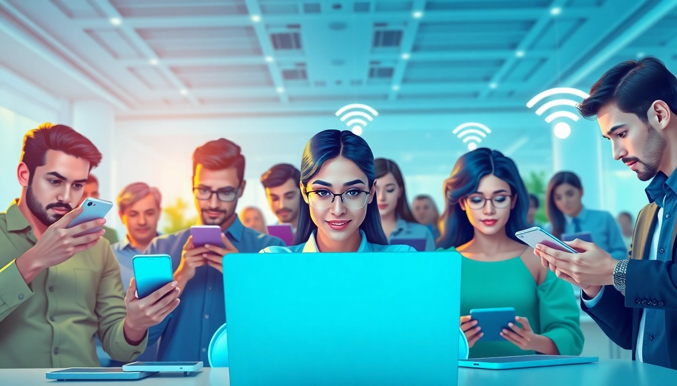 快连官网 app illustrated in a modern office, showcasing users on smartphones and laptops for secure and fast connectivity.