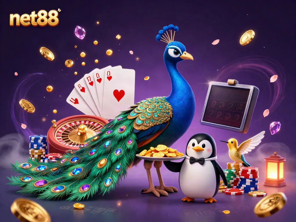 Experience the excitement of net88 with a vibrant 3D scene featuring a peacock, penguin, and hummingbird in a casino setting.