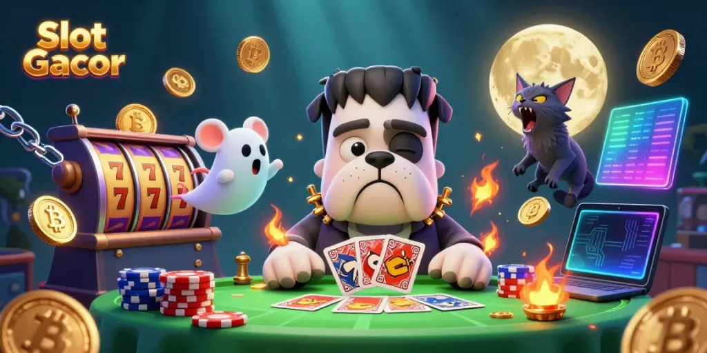 Engage in Slot Gacor with lively characters in a casino gaming scene, featuring vibrant slots and crypto coins.