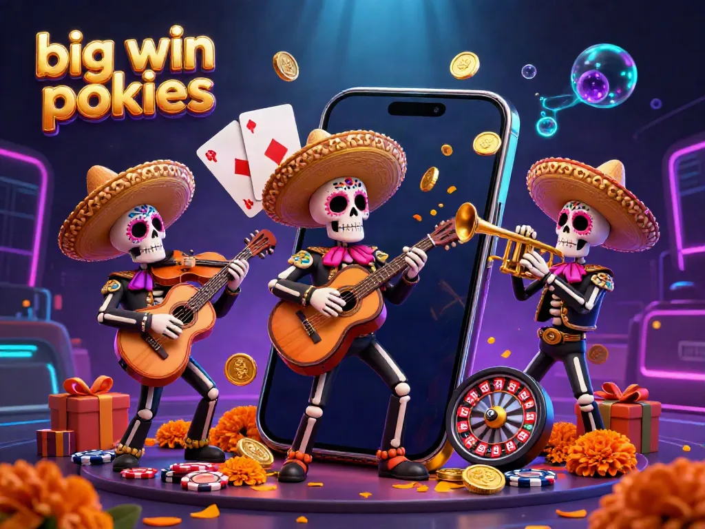 Experience big win pokies action with vibrant mariachi band and colorful slot game elements in a vivid 3D scene.