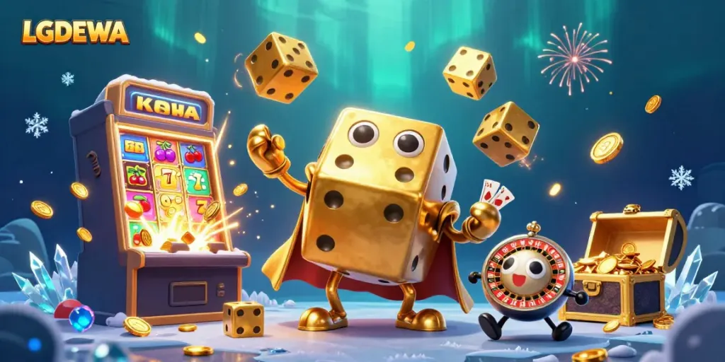 Engaging visual of LGODEWA depicting a golden dice golem amidst a casino scene filled with vibrant game elements.