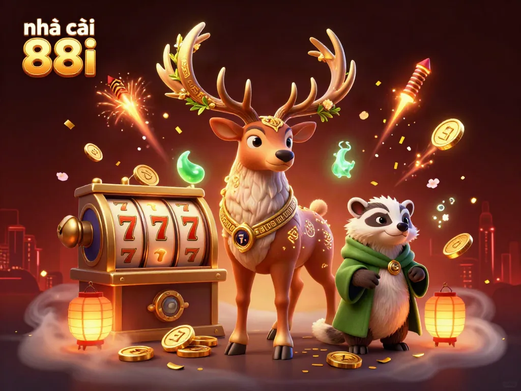 Engage with Nhà cái 88i through an exciting 3D scene featuring a druid stag and floating slot elements, embodying the thrill of online gambling.