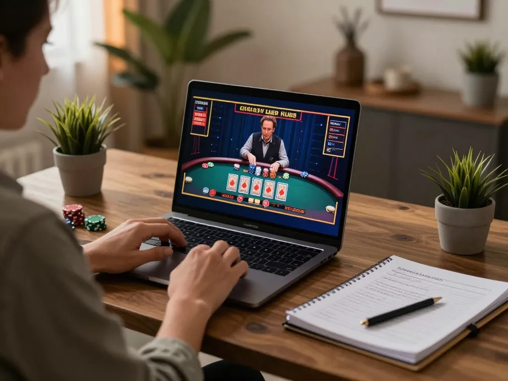 Online player engaging in gem88 live dealer game at home, strategizing with notes.