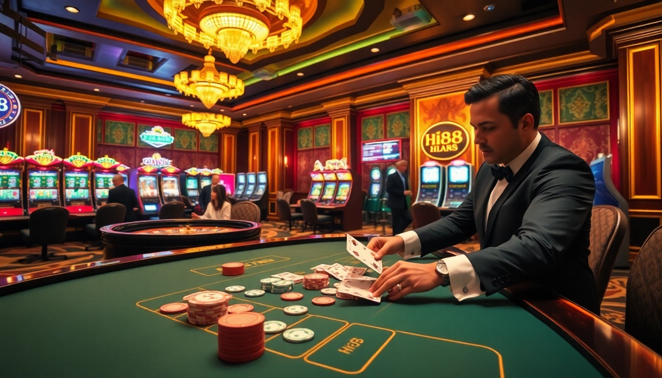 Exciting casino action at Hi88 with dealers, cards, and roulette wheel