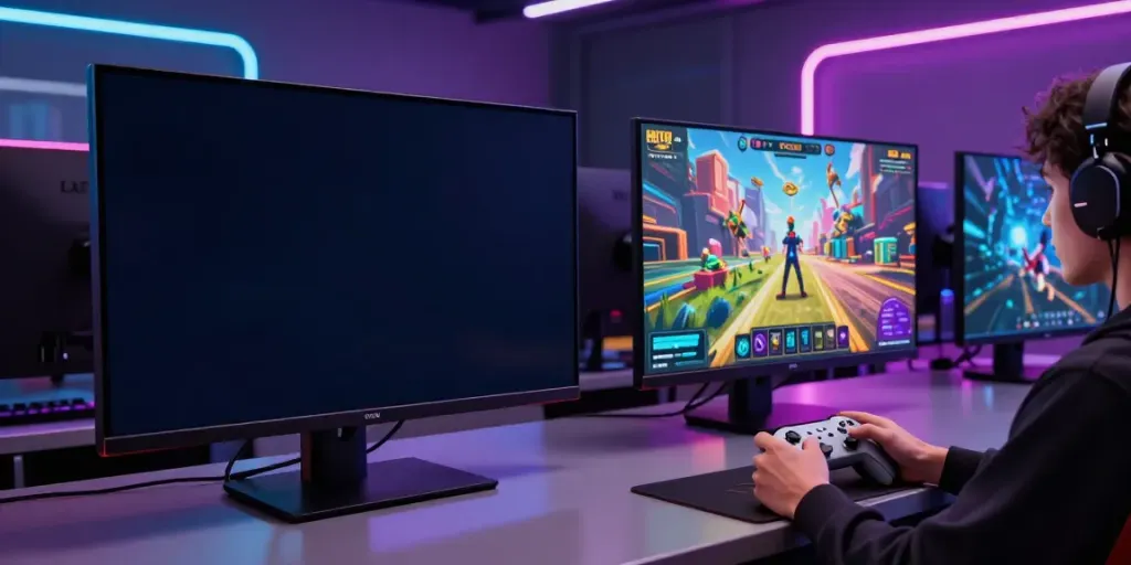 Engaging HITCLUB gaming scene with colorful displays and immersive setup.
