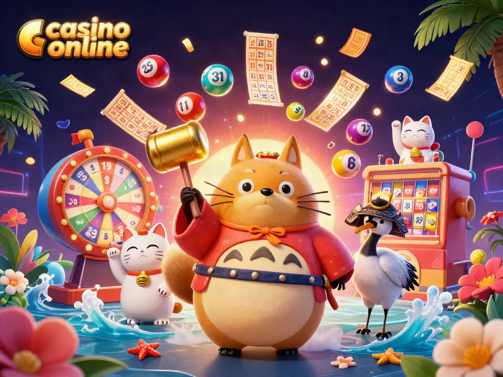 Disfruta de los emocionantes juegos de casino online con personajes vibrantes y elementos dinámicos en una escena festiva.