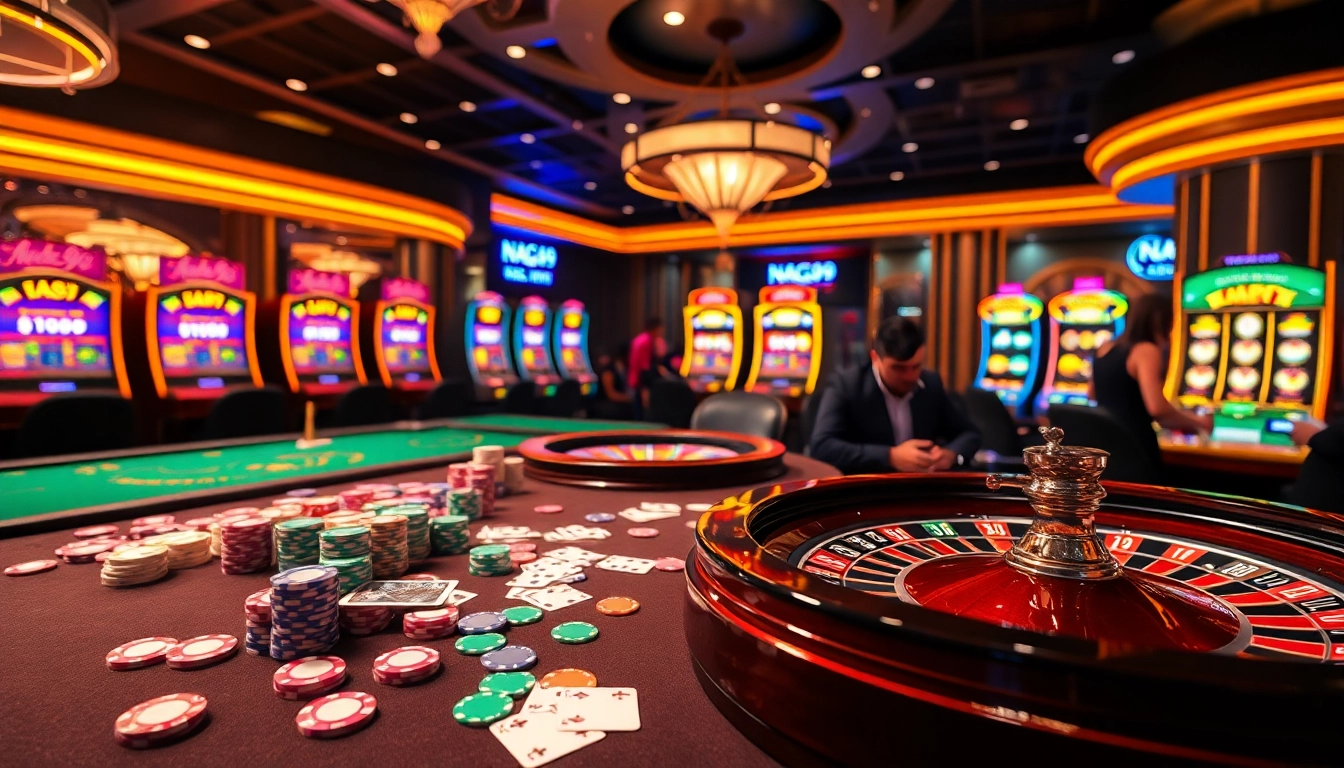 Naga99 players enjoying a vibrant casino atmosphere at a poker table with chips and cards.