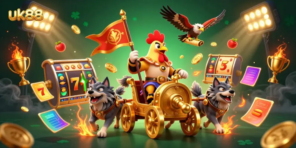 Experience thrilling slots with uk88 and a dynamic 3D battle scene featuring a rooster warlord.