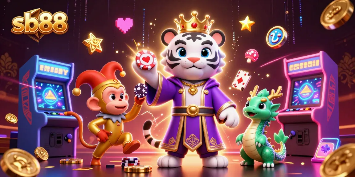 Spin the reels at sb88 with the majestic tiger and playful monkey amidst casino chaos.