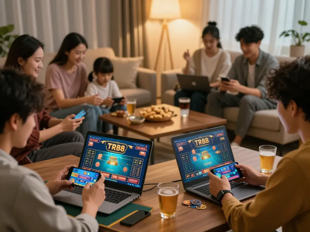 Players enjoying TR88 online casino games on laptops and smartphones in a cozy home setting.