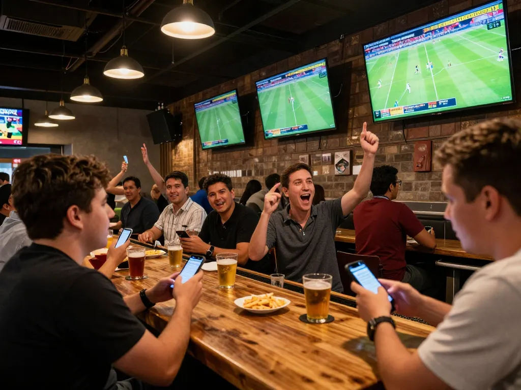 Excited patrons analyzing kèo nhà cái at a lively sports bar during live matches