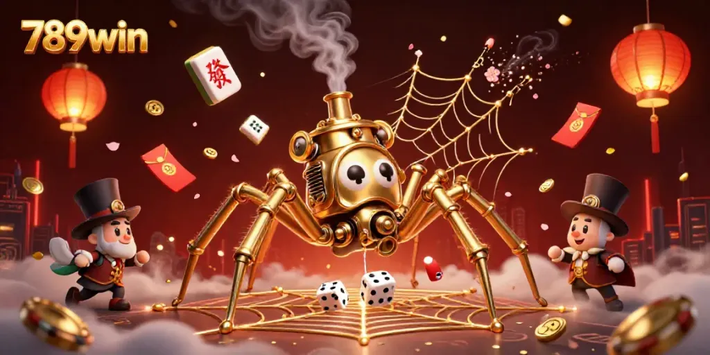 Engage in thrilling chances at 789win with steampunk-themed spider and playful dice.