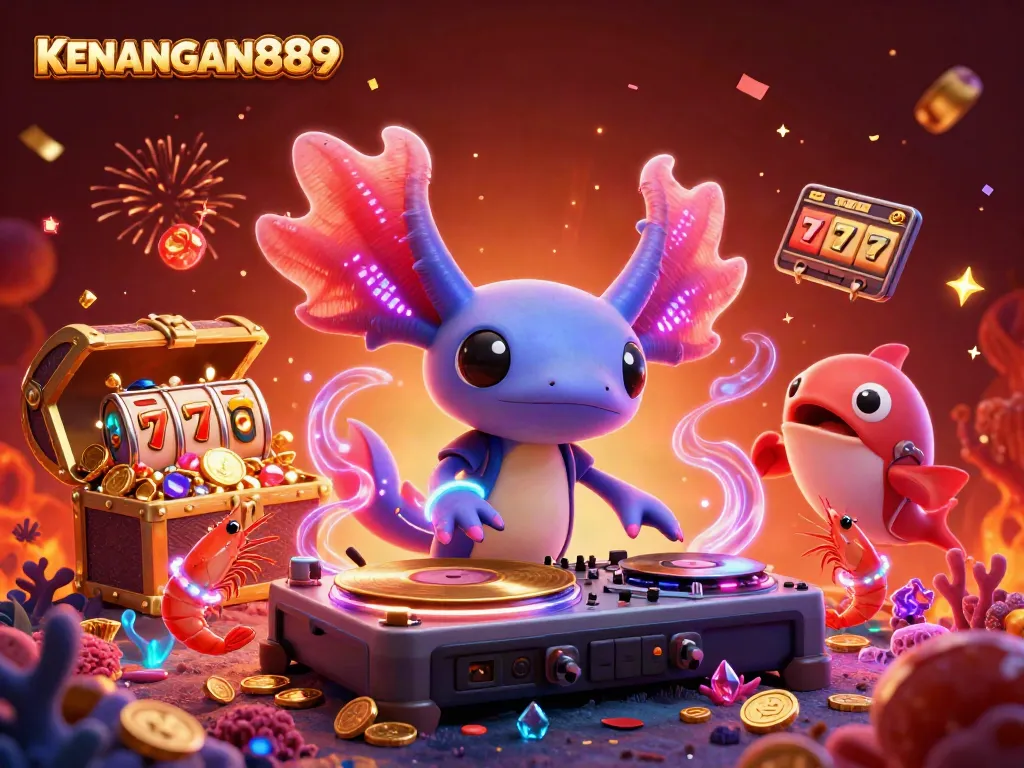 KENANGAN889 engages players with a vibrant underwater party featuring a neon axolotl DJ and slot machine elements.
