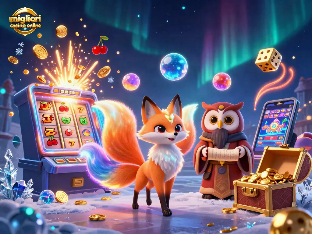 Visualizzare i migliori casino online Italia con slot machine e simboli fortunati in un'illustrazione vibrante.