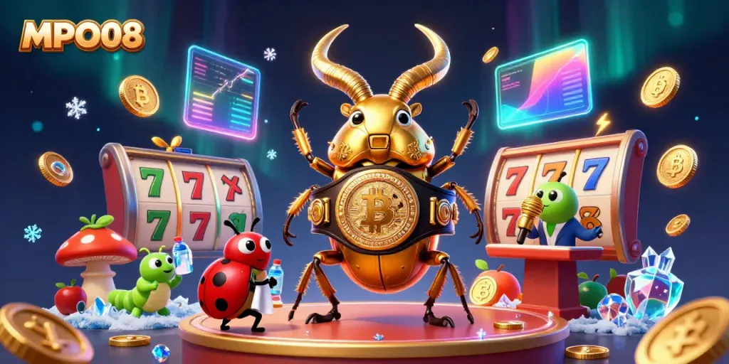 MPO08 features a golden stag beetle champion squaring up in a vibrant online casino scene filled with slot reels and crypto coins.