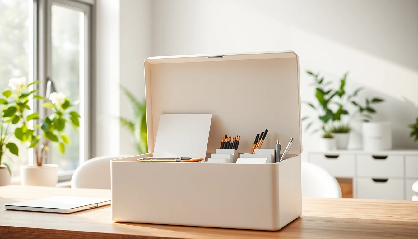 Organized storage box showcasing supplies within a sleek, modern office environment.