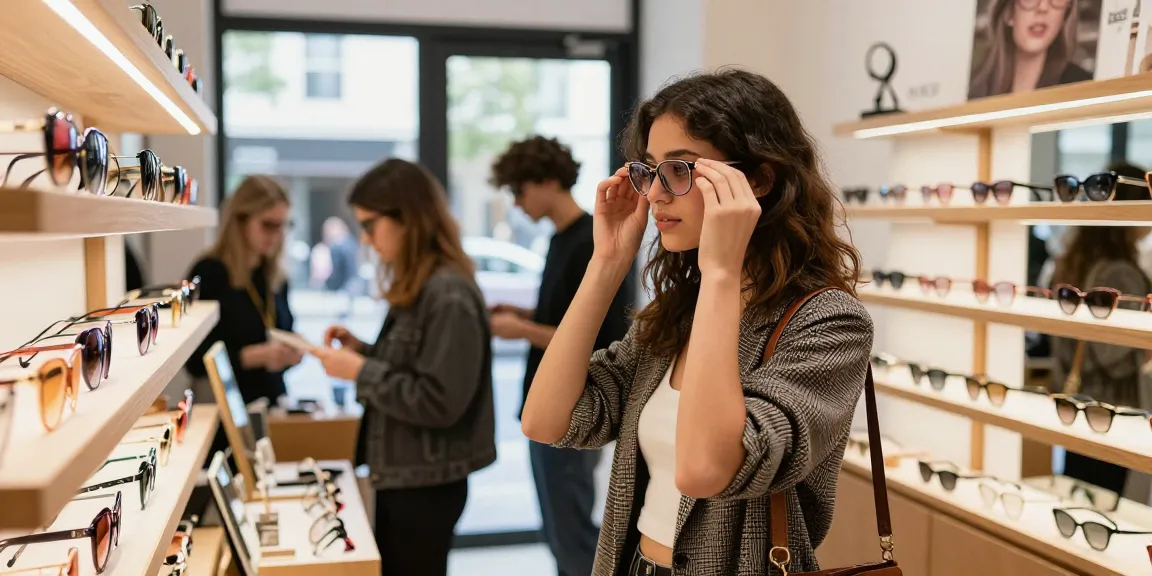 A stylish young woman trying on óculos de grau in a vibrant eyewear store