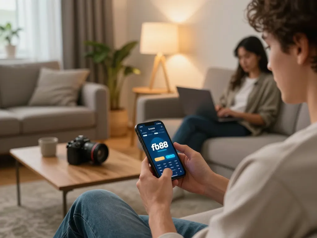 Player using the fb88 app for strategic betting in a cozy home setting.