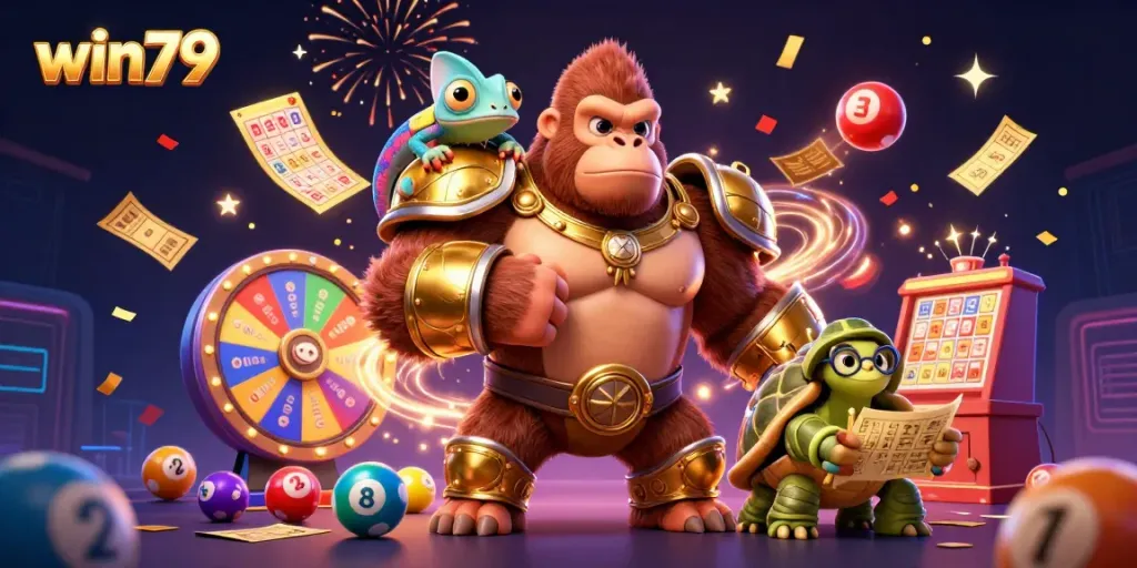 Witness the excitement of win79 with vibrant casino characters and thrilling elements in a colorful scene.