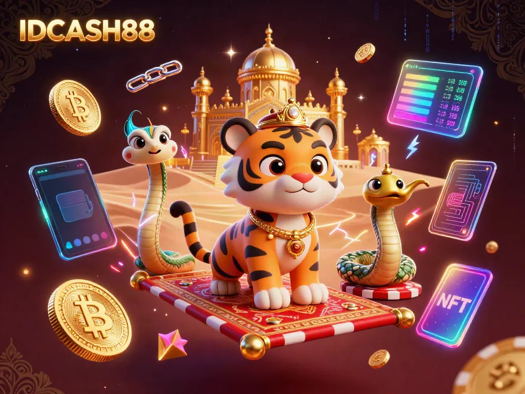 Engage in thrilling gameplay with IDCASH88, featuring a magical tiger sultan and crypto elements in a vibrant casino atmosphere.