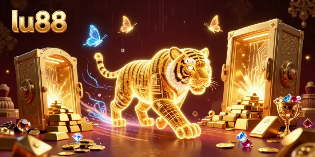 Experience the vibrant world of lu88, where the 3D golden tiger and holographic butterflies roam a bustling digital casino.