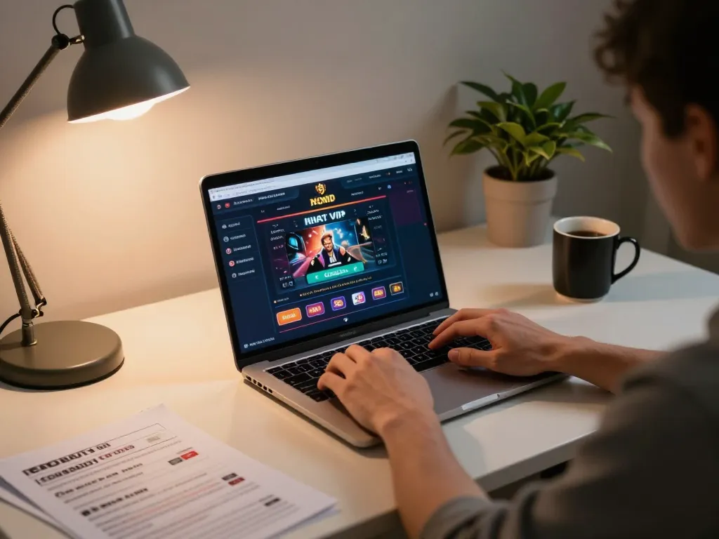 Engaging in nhat vip online gaming experience on laptop in a cozy home office.