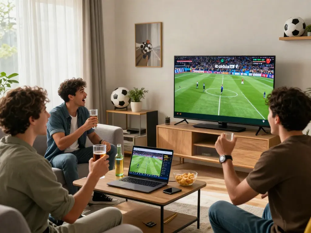 Friends enjoying a live football match on CakhiaTV, celebrating with snacks and drinks in a vibrant living room.