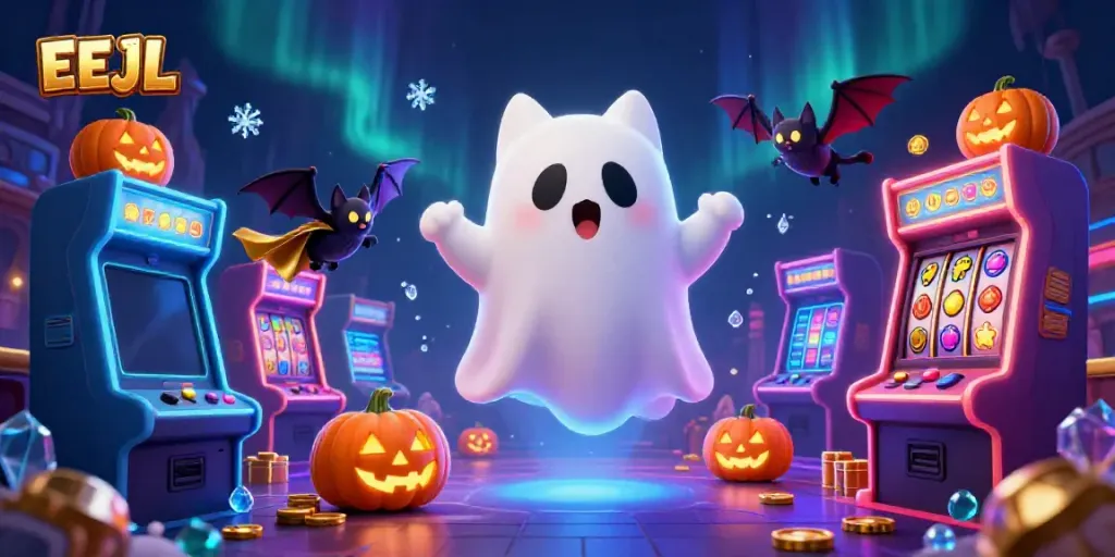 Catch the exciting world of EEJL as a ghost cat explores a vibrant haunted casino scene.