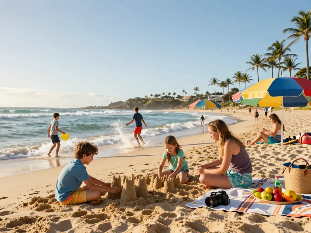 Family enjoying a vibrant Australian beach, building sandcastles and relaxing under palm trees.