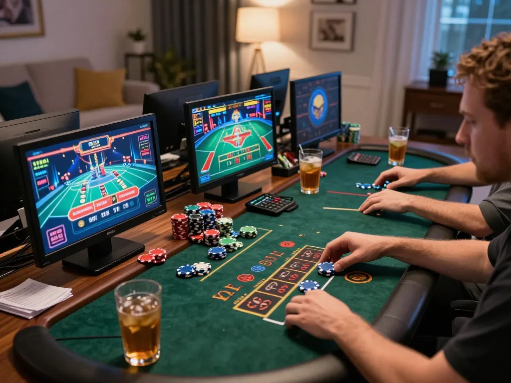 C168 online gaming setup with poker tables and strategic notes for winning gameplay