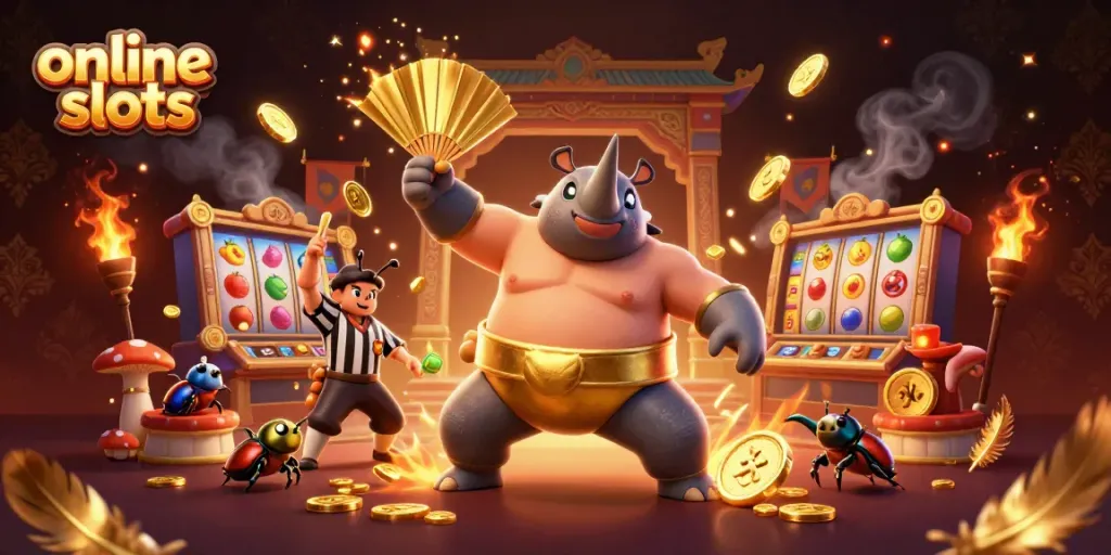 Experience thrilling online slots gameplay with a vibrant 3D illustration of a beetle champion amidst golden coins and dynamic elements.