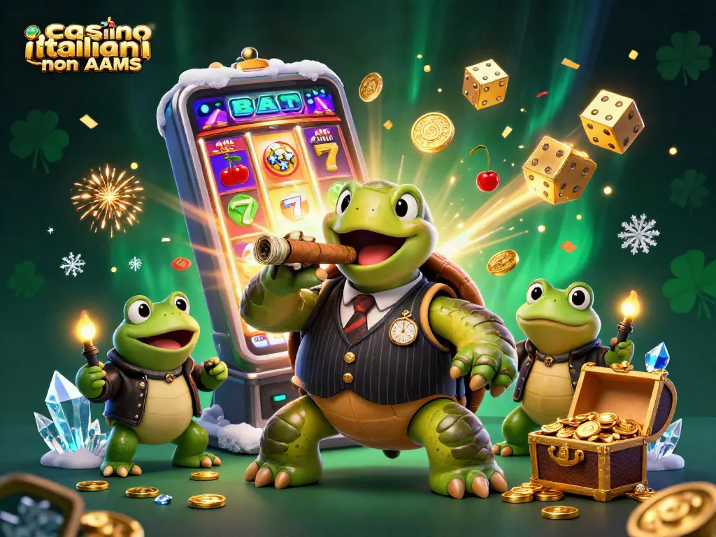Scopri le offerte emozionanti dei casino italiani non AAMS con una tartaruga in abito vintage e simboli fortunati.