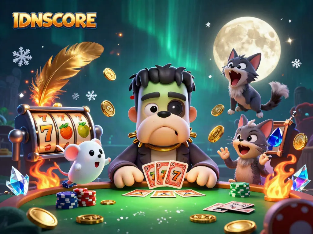 IDNSCORE showcases a vibrant scene with a Frankenstein bulldog monster dealing cards, embodying the thrill of online slots.