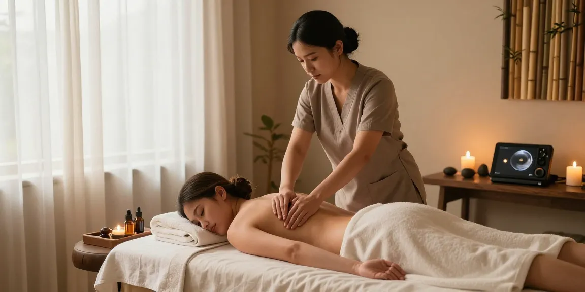 Relaxing color palette in a massage therapy setting emphasizing the art of 일산출장마사지 and tranquility.