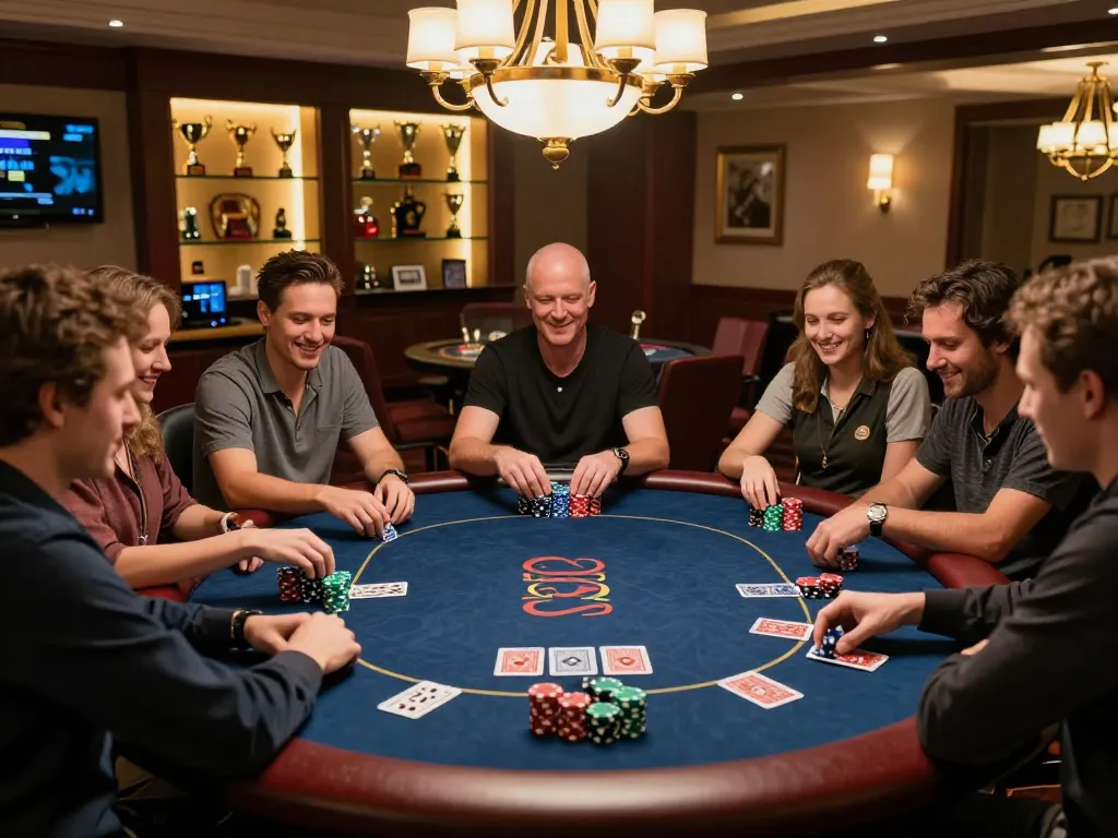 Engaging poker night scene featuring friends playing Texas Hold'em, showcasing the thrill of sky88 com gameplay.