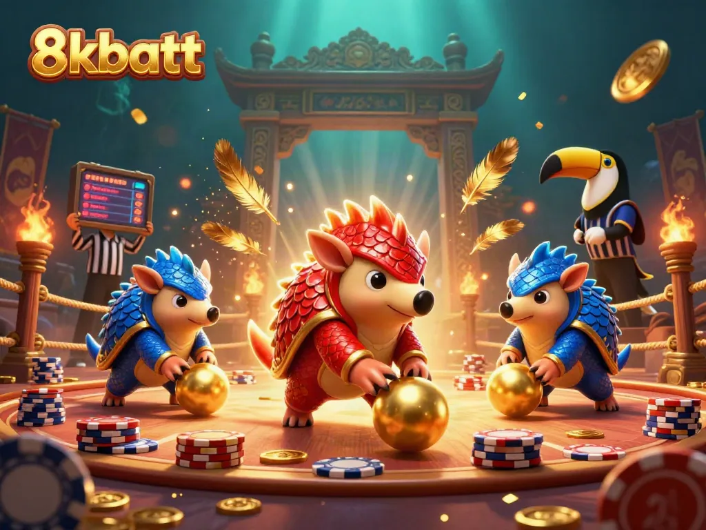 8kbett pangolins bowling through poker chips in a dynamic casino scene.
