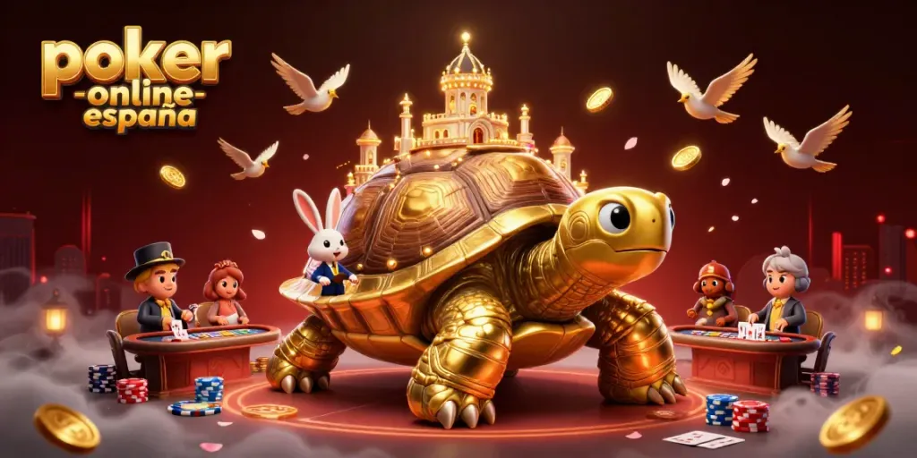 Juega al poker online España en una vibrante escena con tortuga dorada y tablero de cartas