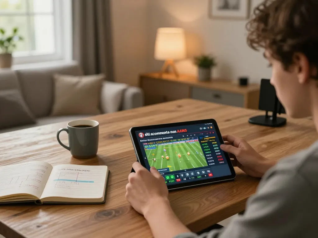 Persona che si impegna nelle scommesse online su siti scommesse non AAMS con quote sportive visualizzate su un tablet.