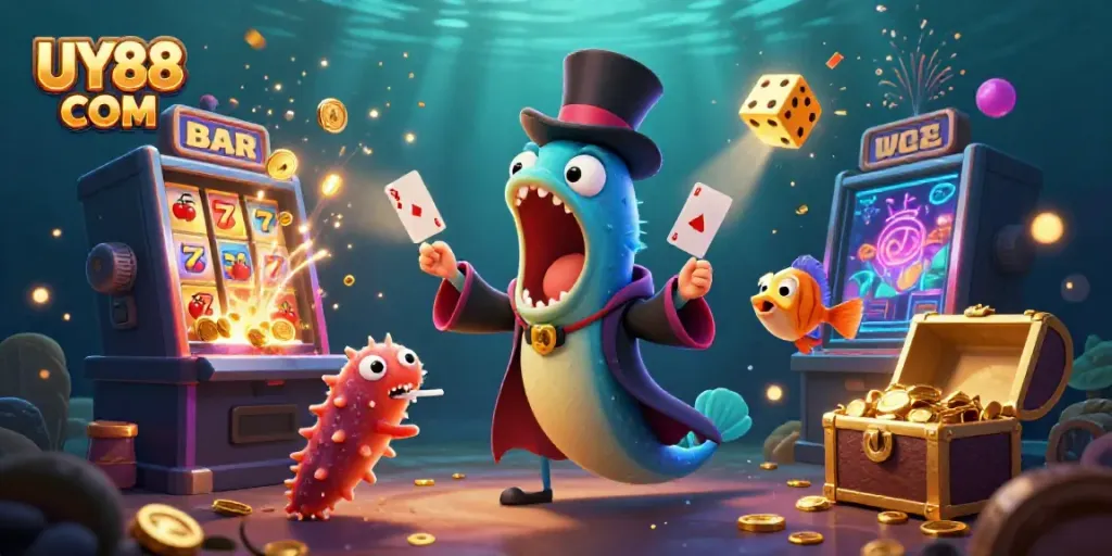 Engage with the thrilling UY88 COM casino experience featuring a magical underwater scene with a deep-sea gulper eel.