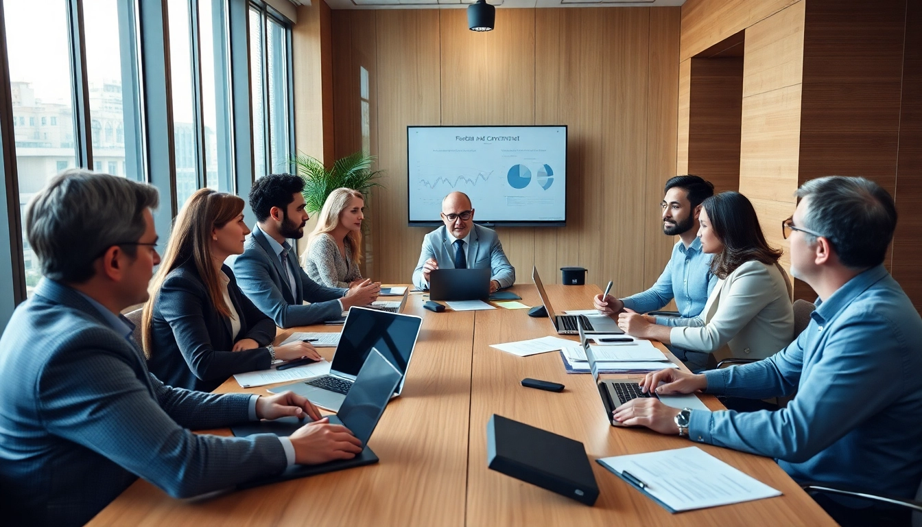 Engaged professionals discussing Federal and State contracts in a modern conference room.