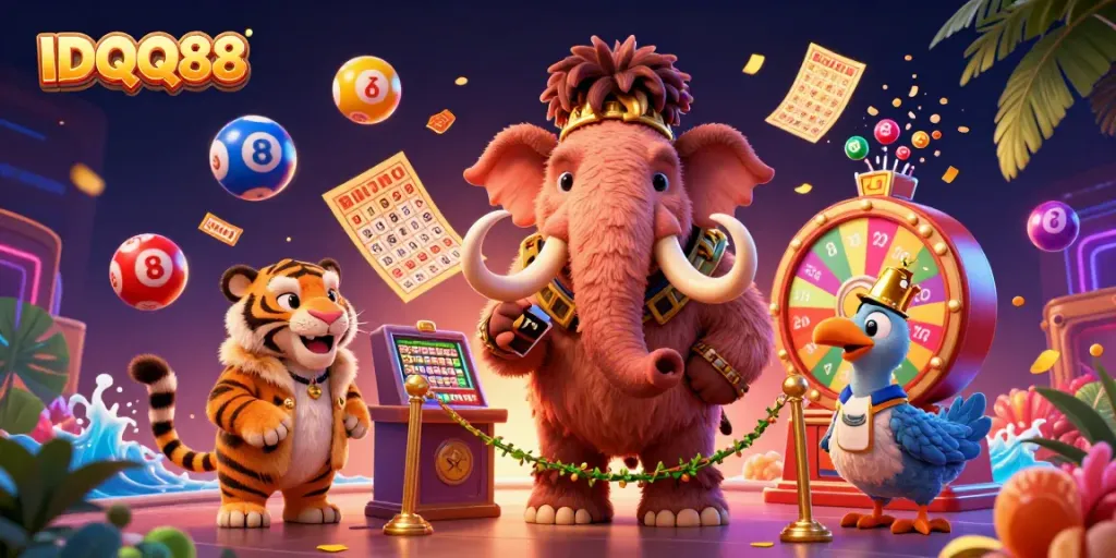 Engage in lively gameplay at IDQQ88 with colorful lottery balls and vibrant casino characters.
